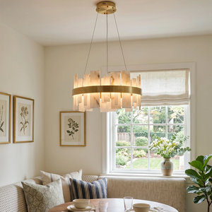 Natural Alabaster Tile Round Chandelier - Cozy Dining Nook Breakfast Corner Garden View Gold Band | HoaiLamp