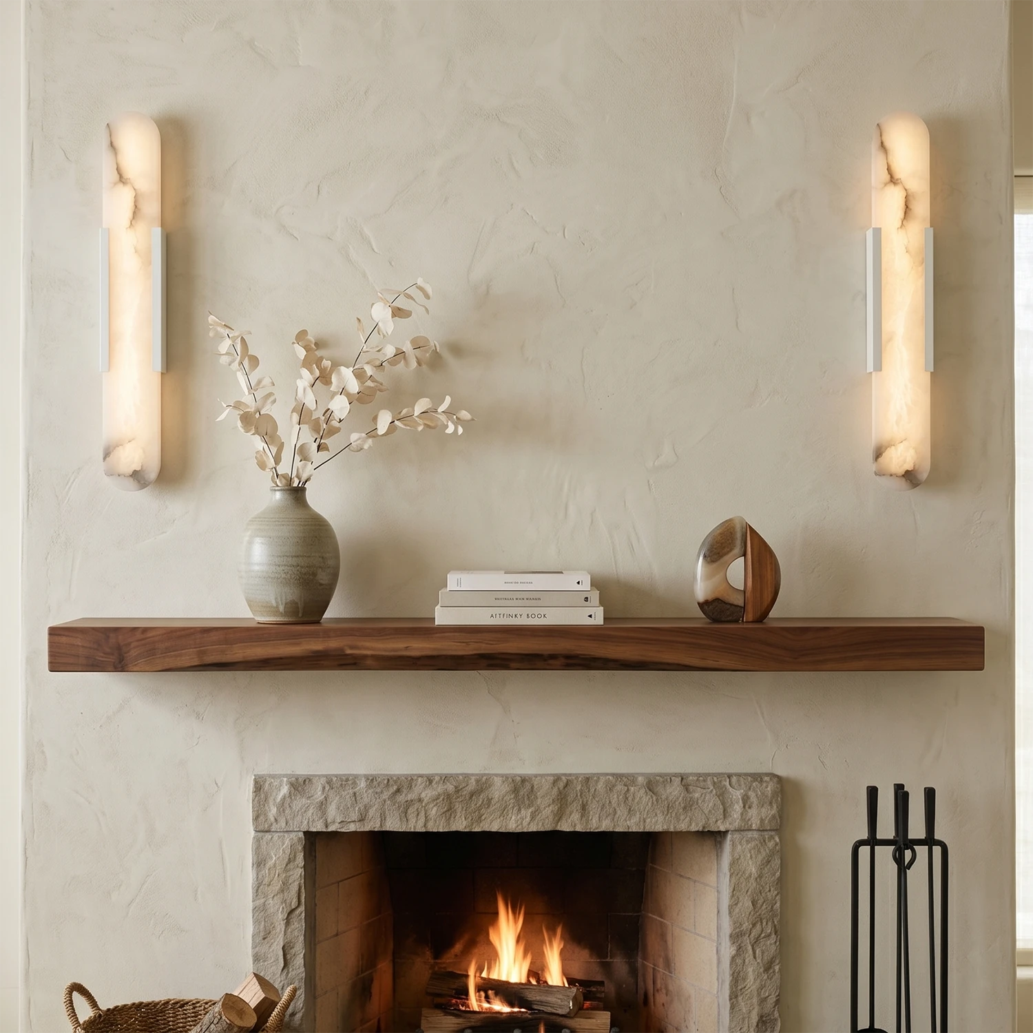 Natural Grained Marble Elongated Sconce Wall Lamp - Cozy Fireplace Mantel Warm Glow Decor