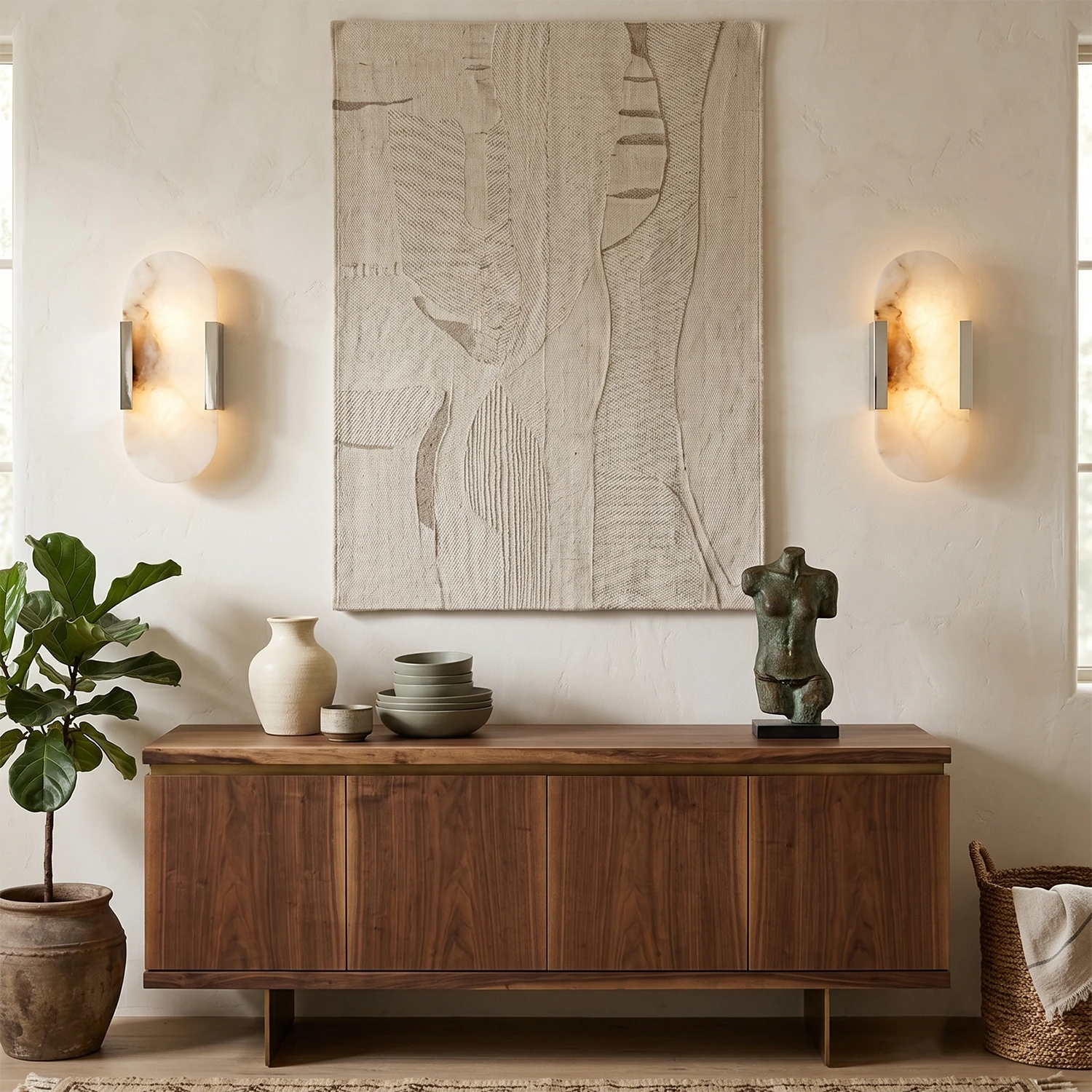 Natural Grained Marble Elongated Sconce Wall Lamp - Art Deco Dining Room Sideboard Exhibition