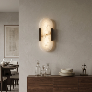 Natural Grained Marble Elongated Sconce Wall Lamp - Living Room Credenza Decor with Brass Fixtures