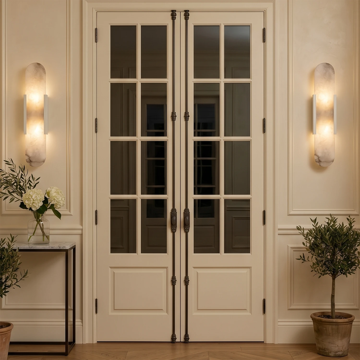 Natural Grained Marble Elongated Sconce Wall Lamp - Elegant French Door Entryway Symmetrical Lighting