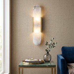 Natural Grained Marble Elongated Sconce Wall Lamp - Contemporary Living Space with Blue Sofa Complement