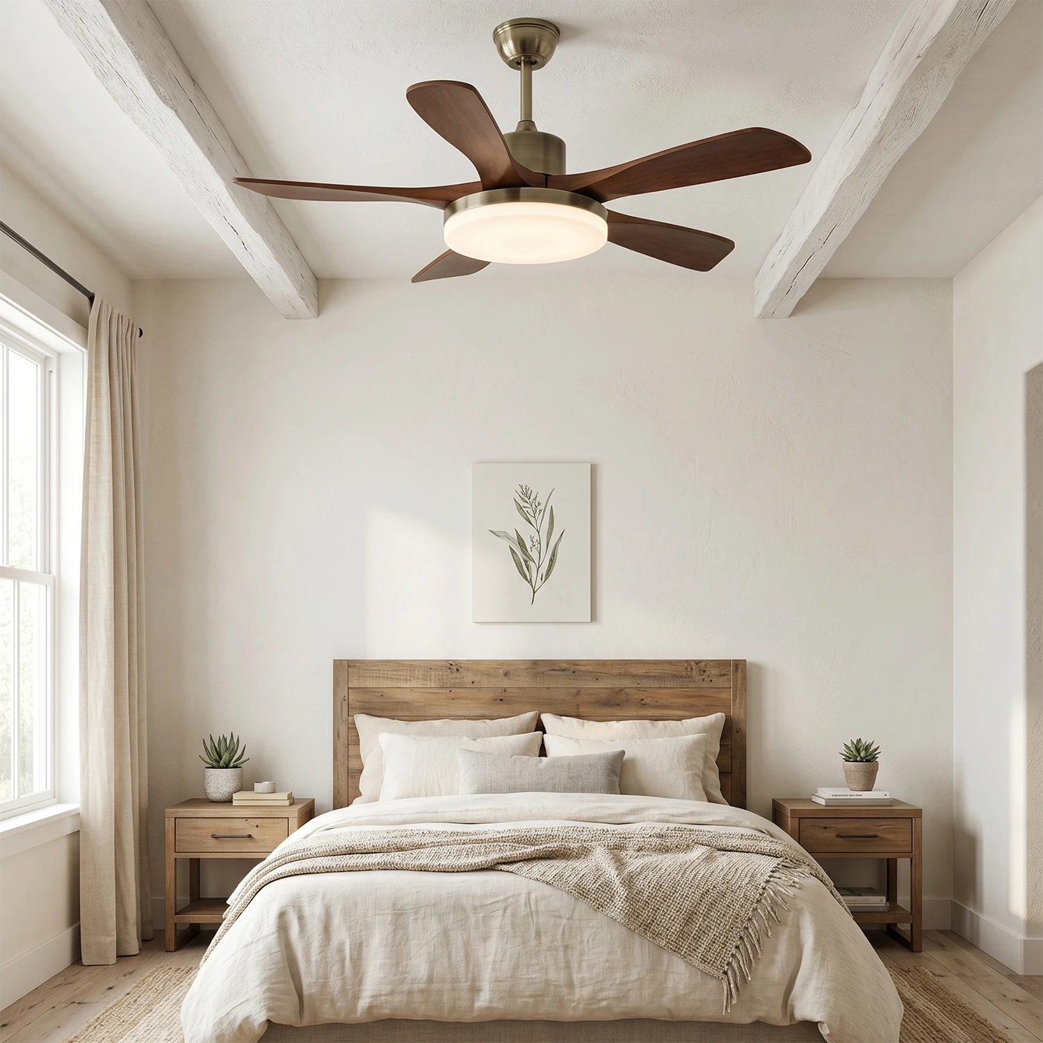 Nova Breeze Ceiling Fan Light - Minimalist Bedroom Sanctuary with Soft Bedding Harmony | HoaiLamp