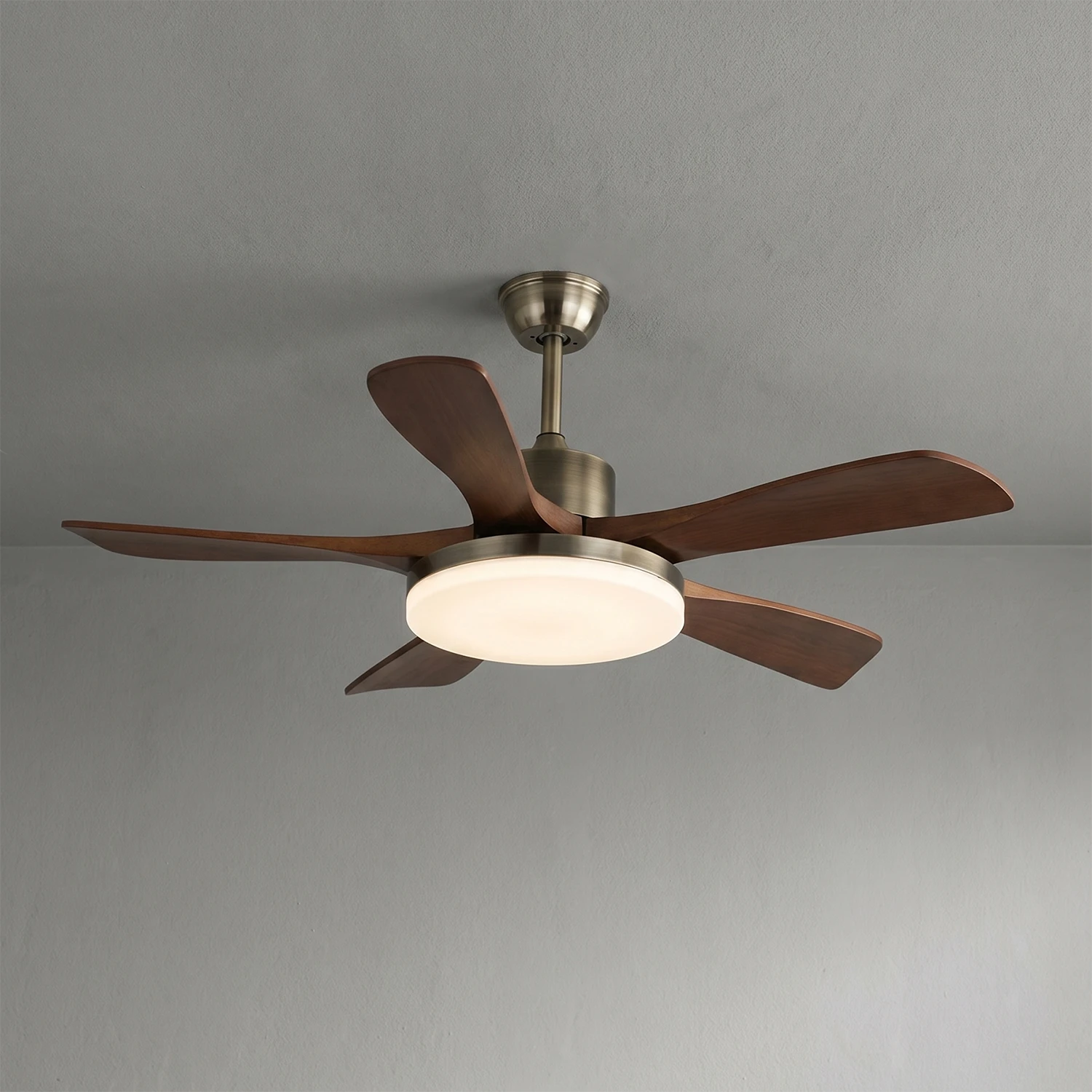 Nova Breeze Ceiling Fan Light - Antique Bronze Profile with Warm Glow Acrylic Shade Turned On | HoaiLamp