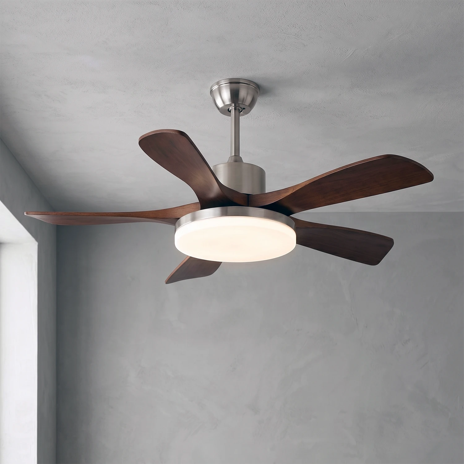 Nova Breeze Ceiling Fan Light - Sleek Brushed Silver Finish with Acrylic Shade Turned On | HoaiLamp