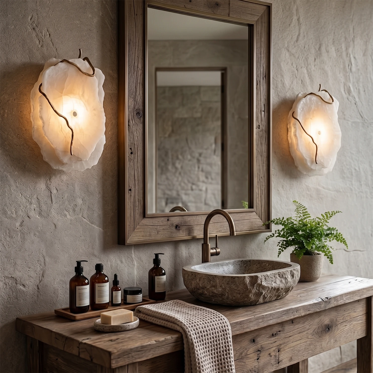 Hand-carved alabaster wall sconces with warm glow, rustic bathroom vanity and stone sink