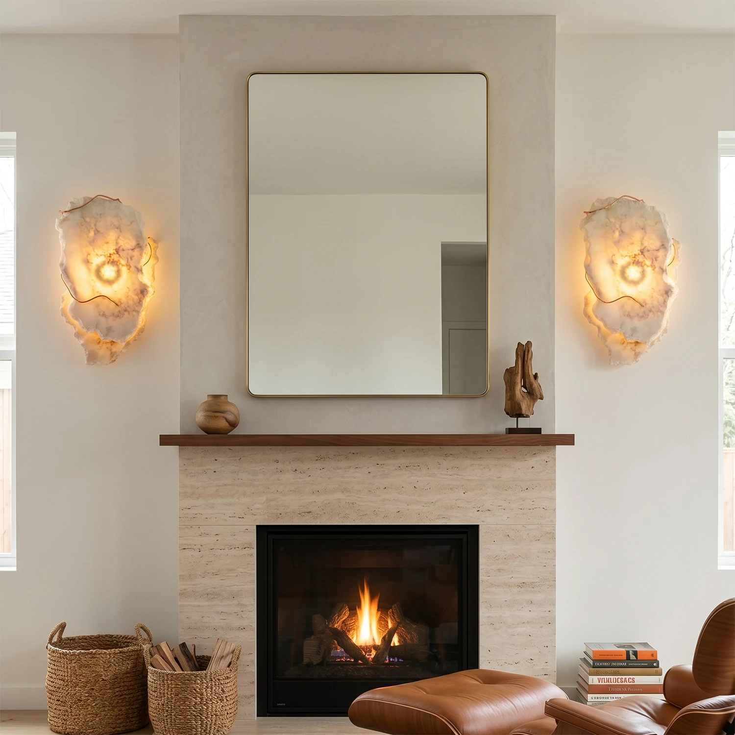 Hand-carved alabaster wall sconces glowing warmly beside a fireplace, enhancing modern rustic decor with natural stone texture.