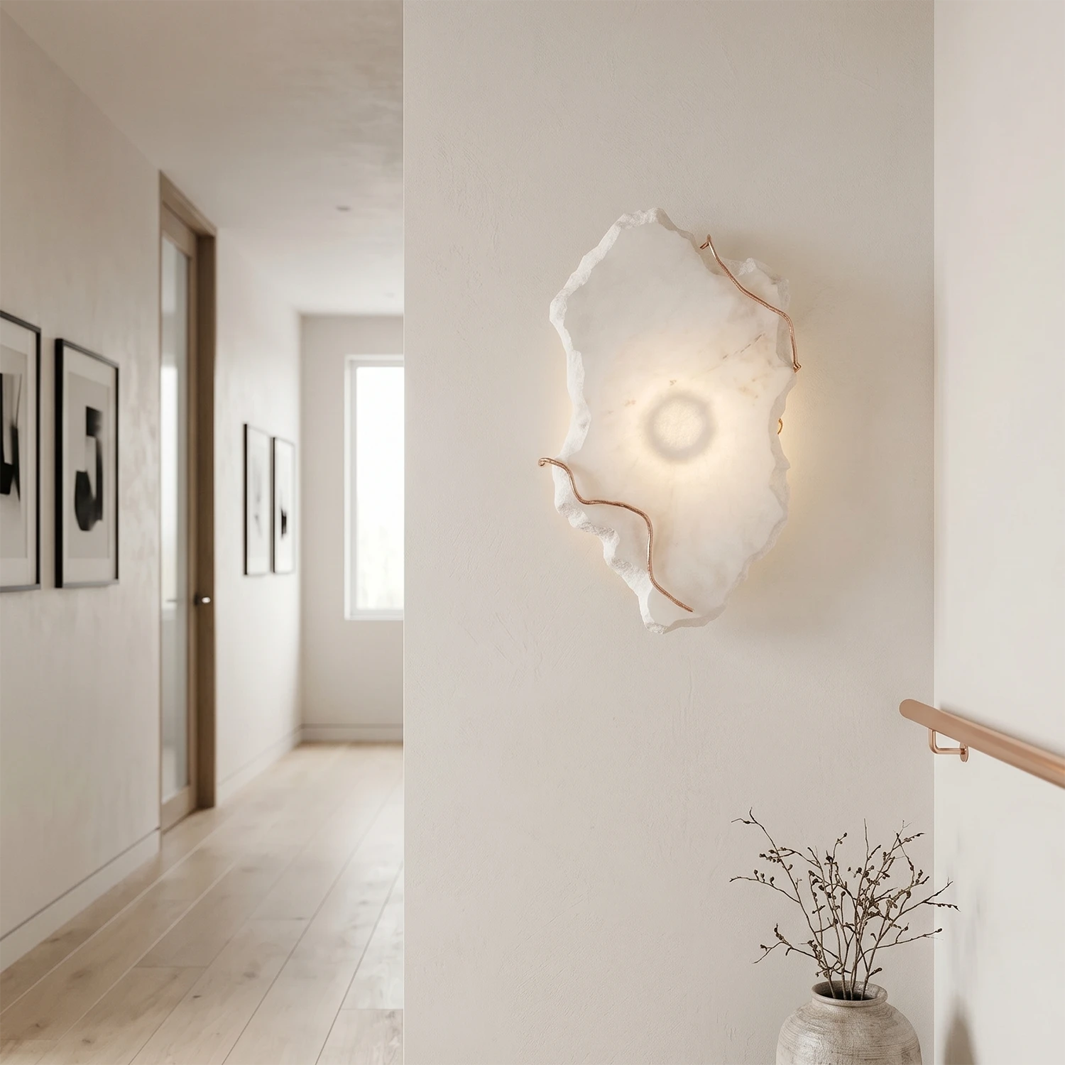 Hand-carved alabaster wall sconce with warm glow, modern hallway lighting, natural stone texture