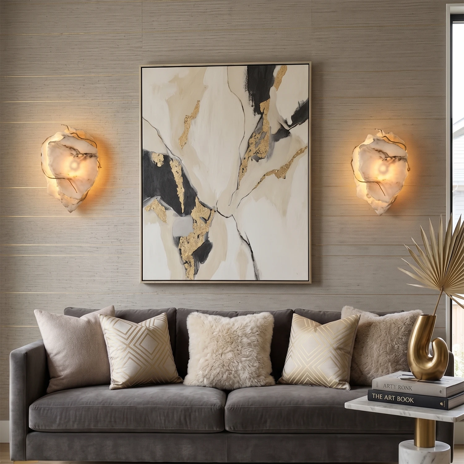 Hand-carved alabaster wall sconces with warm glow, flanking abstract art above modern gray sofa