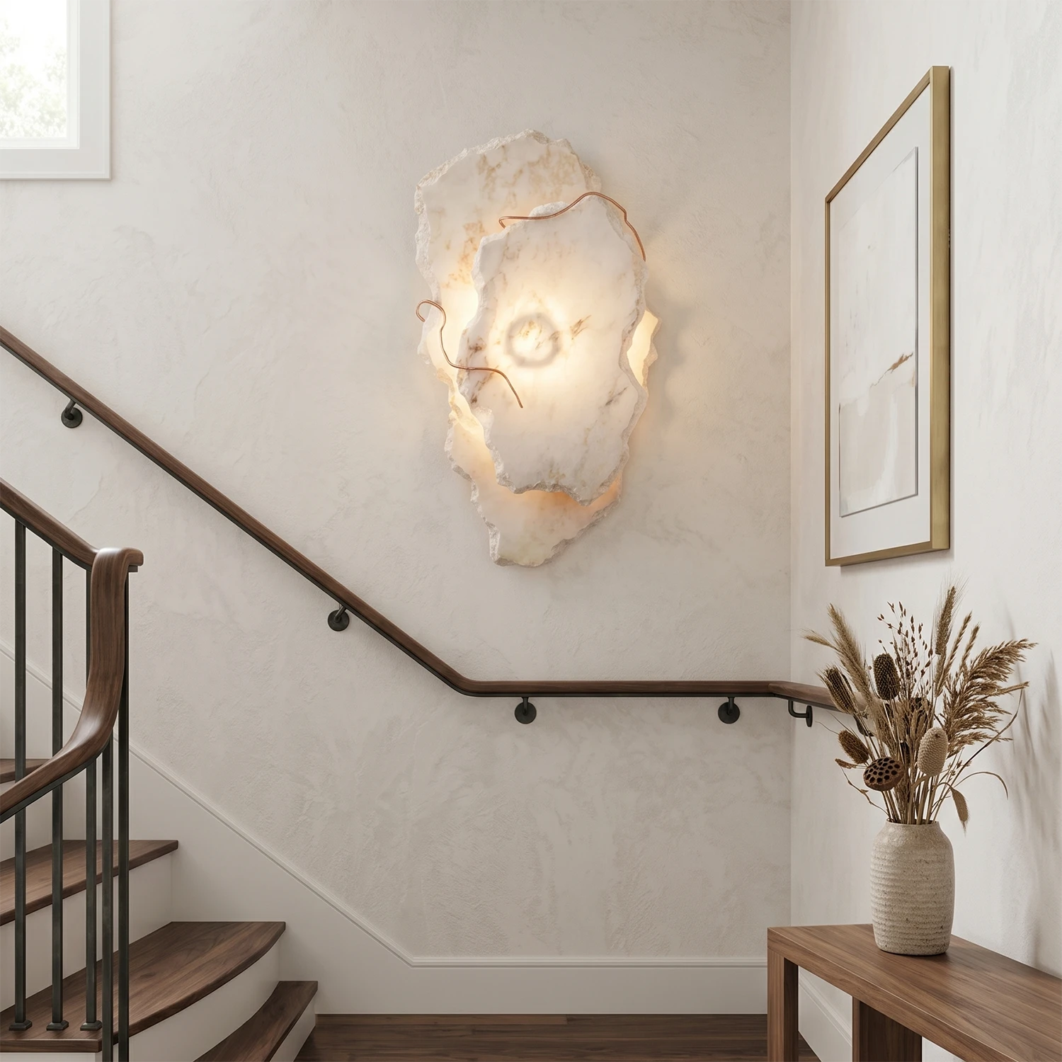 Hand-carved alabaster wall sconce with warm glow, modern staircase lighting, natural stone texture
