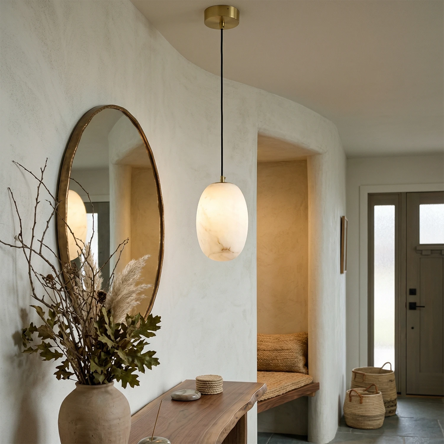 Oval Alabaster Pendant Light - Stylish Entryway Foyer with Brass Hardware and Natural Veined Marble Shade | HoaiLamp