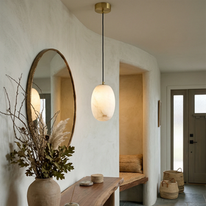 Oval Alabaster Pendant Light - Stylish Entryway Foyer with Brass Hardware and Natural Veined Marble Shade | HoaiLamp
