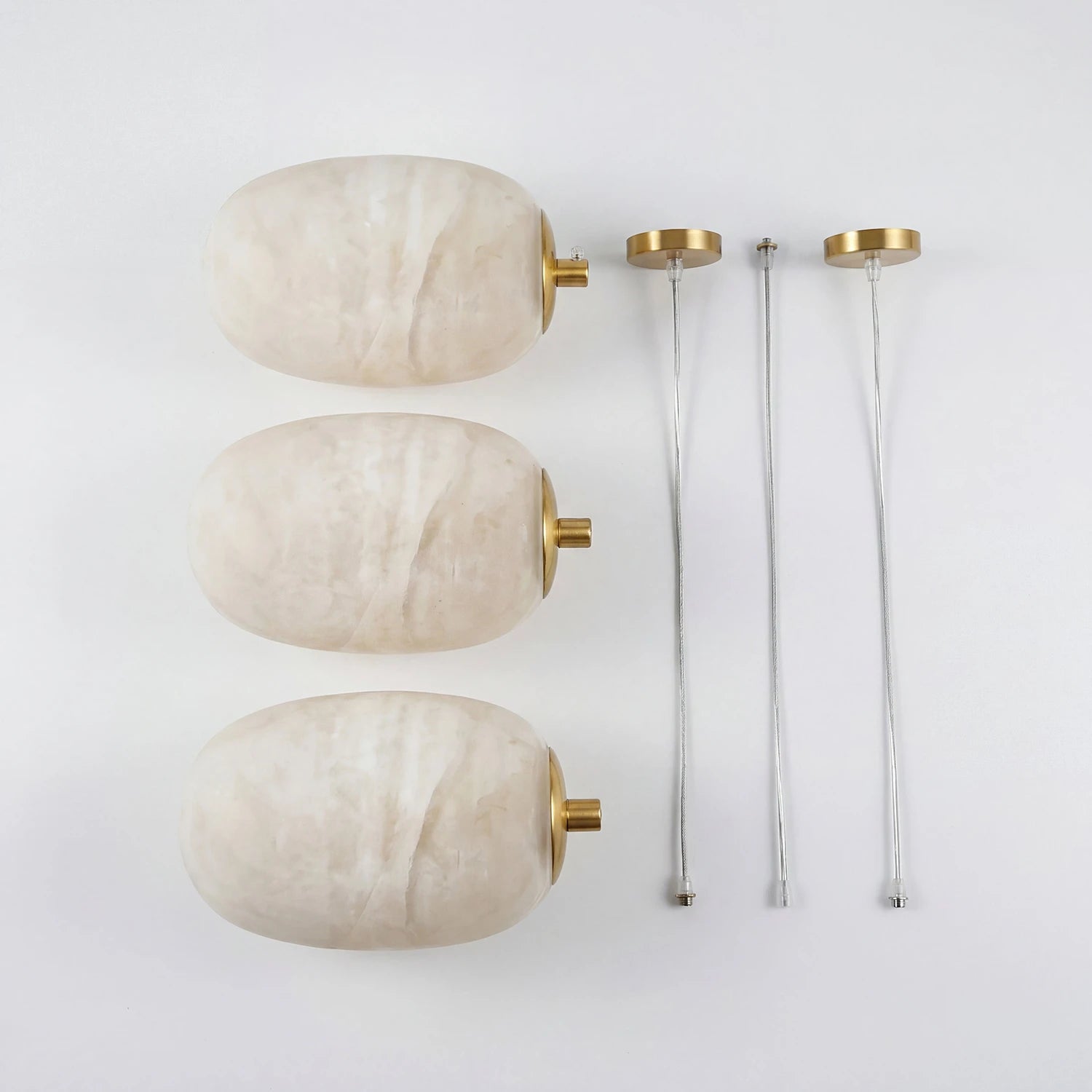 Oval Alabaster Pendant Light - Product Components View showing Triple Alabaster Shades and Installation Kits | HoaiLamp