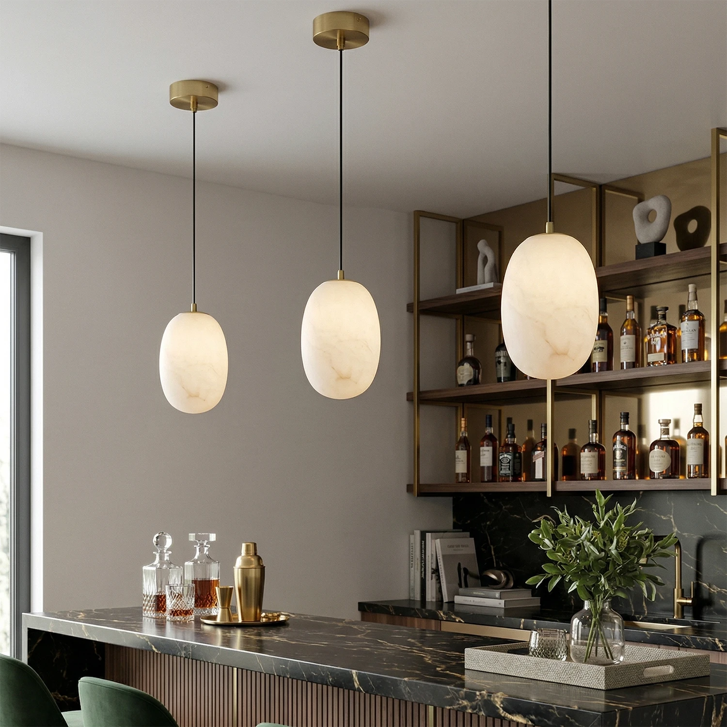 Oval Alabaster Pendant Light - Contemporary Kitchen Island Lighting with a Trio of Linear Alabaster Pendants | HoaiLamp