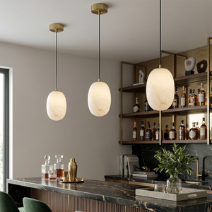 Oval Alabaster Pendant Light - Contemporary Kitchen Island Lighting with a Trio of Linear Alabaster Pendants | HoaiLamp