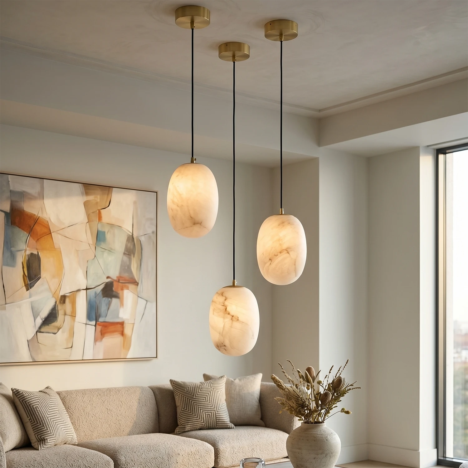 Oval Alabaster Pendant Light - Contemporary Living Space with a Multi-point Alabaster Pendant Cluster | HoaiLamp