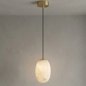 Oval Alabaster Pendant Light -Minimalist Studio Shot of Egg-shaped Alabaster Shade against Grey Backdrop | HoaiLamp