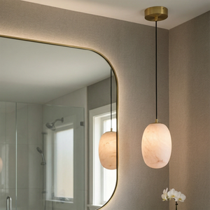 Oval Alabaster Pendant Light - Modern Bathroom Vanity Setup with Mirror-reflected Alabaster Lighting | HoaiLamp