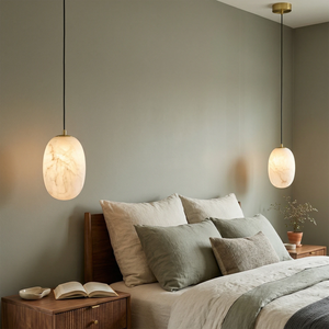 Oval Alabaster Pendant Light - Serene Bedroom Decor with Symmetrical Bedside Alabaster Hanging Lamps | HoaiLamp