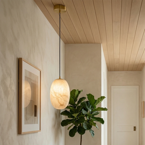 Oval Alabaster Pendant Light - Warm Hallway Ambiance with Single Alabaster Pendant and Natural Wood Ceiling | HoaiLamp