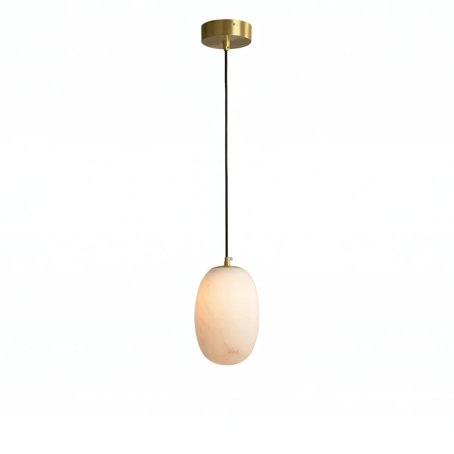 Oval Alabaster Pendant Light - Isolated Studio View of a Single Brass and Alabaster Pendant (Illuminated) | HoaiLamp