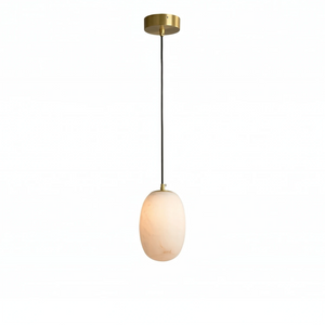 Oval Alabaster Pendant Light - Isolated Studio View of a Single Brass and Alabaster Pendant (Illuminated) | HoaiLamp