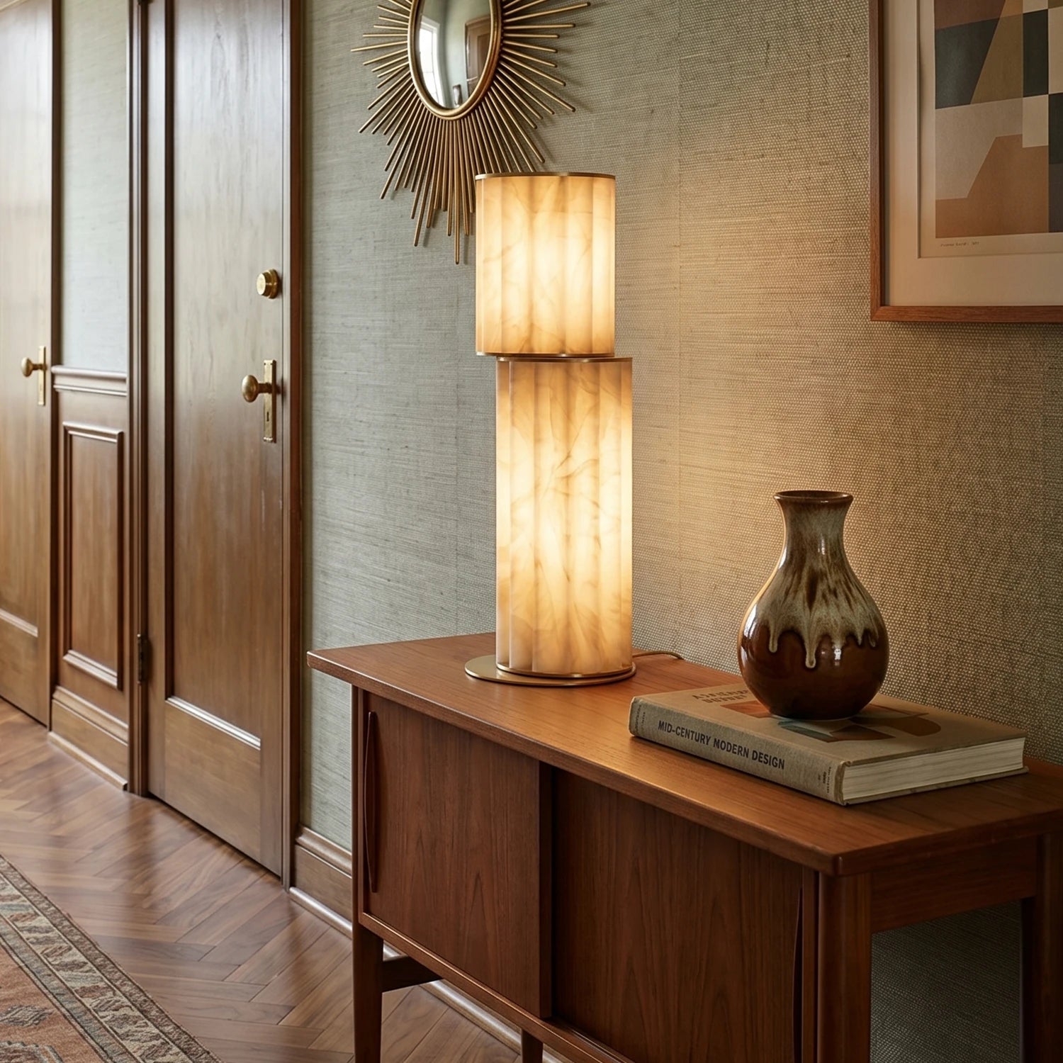 Padana Alabaster Table Lamp - Elegant Walnut Credenza Round Mirror Branches Lit | HoaiLamp