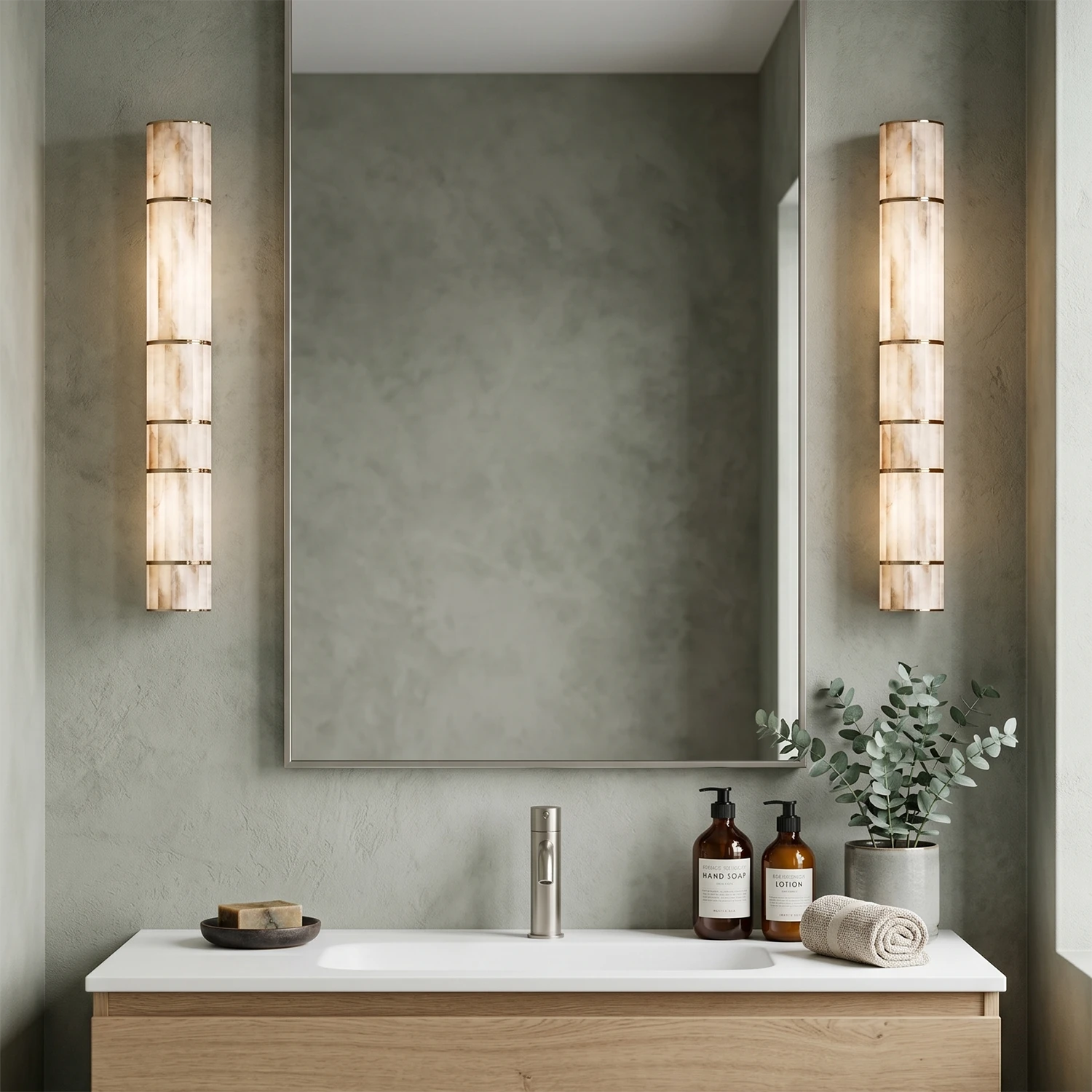 Padana Alabaster Wall Lamp - Modern Bathroom Vanity Symmetrical Tall Sconces Wood Cabinet | HoaiLamp