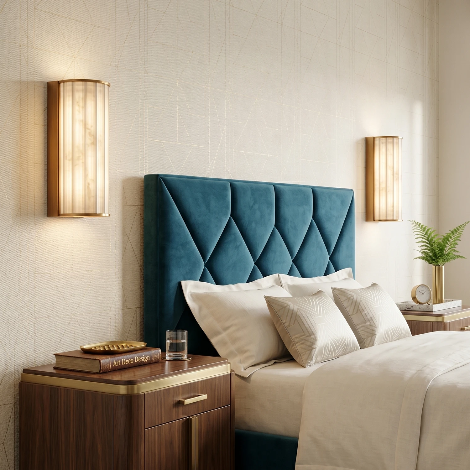 Padana Alabaster Wall Lamp - Luxury Bedroom Symmetrical Blue Velvet Tufted Headboard | HoaiLamp