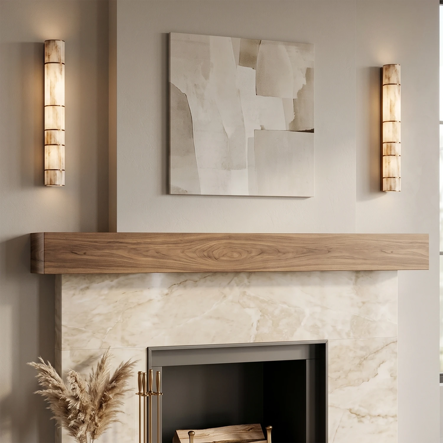 Padana Alabaster Wall Lamp - Stone Fireplace Mantelpiece Floating Wood Shelf Abstract Art | HoaiLamp