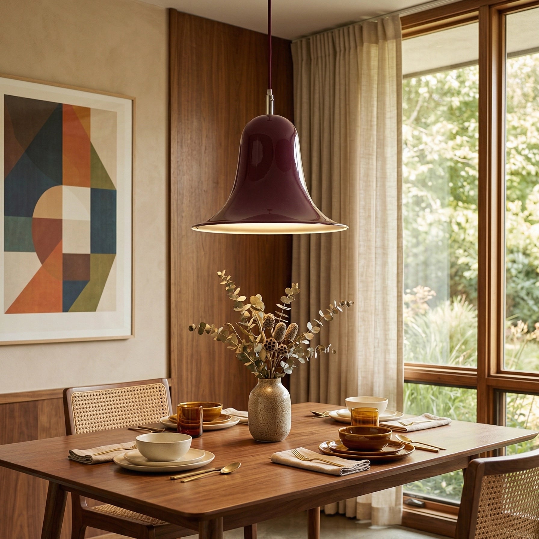 Panton Bell Pendant Lamp - Mid-Century Deep Wine Red Dining Table Window View | HoaiLamp