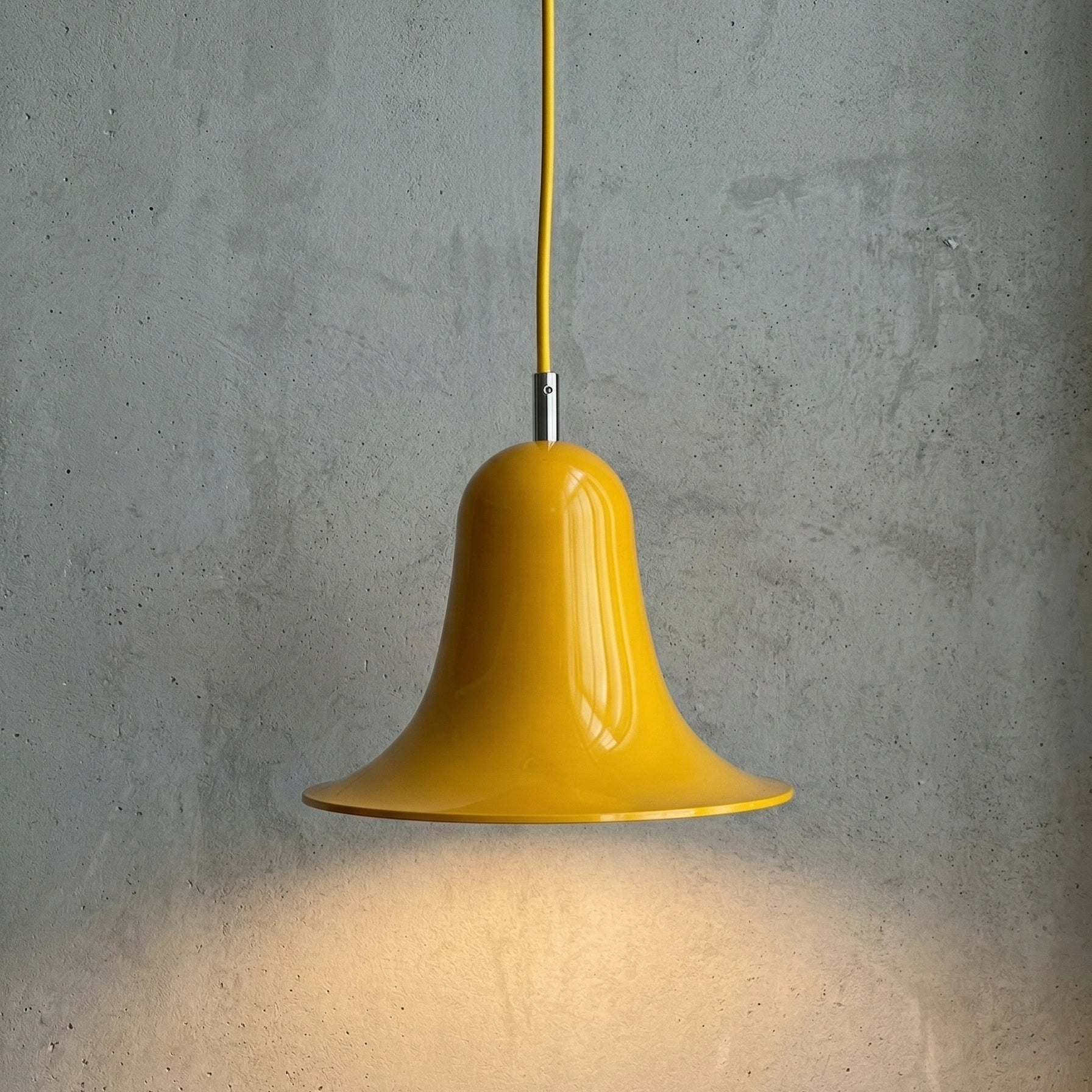 Panton Bell Pendant Lamp - Vibrant Mustard Yellow High-Gloss Shade Grey Wall | HoaiLamp