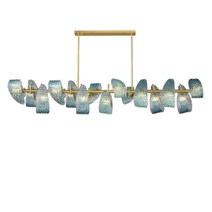 Peacock Blue Petal Art Glass Chandelier - Linear 10 Light Illuminated Glow | HoaiLamp