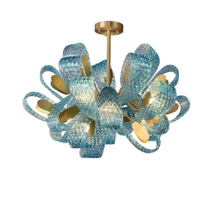 Peacock Blue Petal Art Glass Chandelier - Round 8 Light Illuminated Glow | HoaiLamp