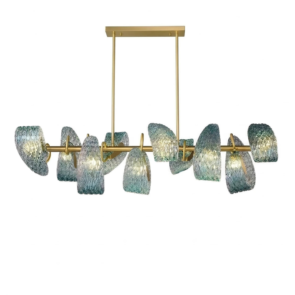 Peacock Blue Petal Art Glass Chandelier - Linear 8 Light Illuminated Glow | HoaiLamp
