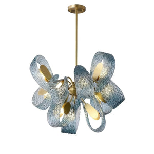 Peacock Blue Petal Art Glass Chandelier - Round 6 Light Illuminated Glow | HoaiLamp