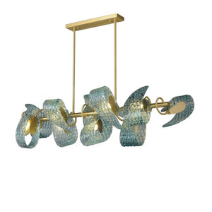 Peacock Blue Petal Art Glass Chandelier - Linear 6 Light Illuminated Glow | HoaiLamp