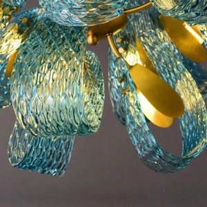 Peacock Blue Petal Art Glass Chandelier - Close-Up Inner Gold Hardware Details | HoaiLamp