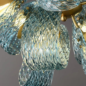 Peacock Blue Petal Art Glass Chandelier - Textured Rippled Glass Shade Craftsmanship | HoaiLamp