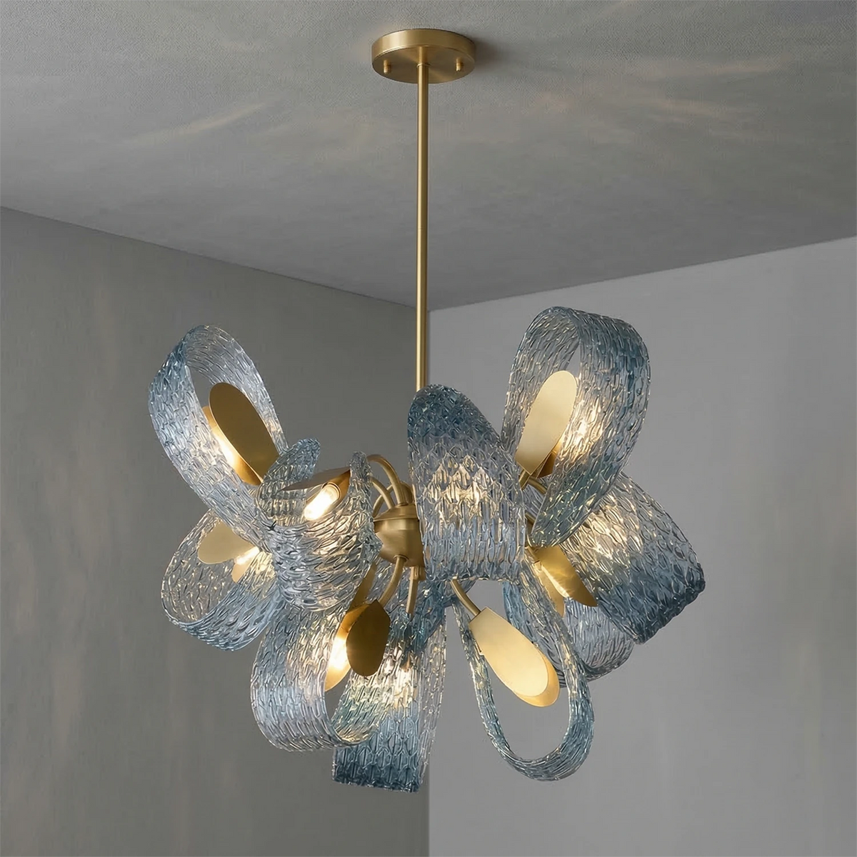 Peacock Blue Petal Art Glass Chandelier - Round 6 Light Illuminated Glow | HoaiLamp