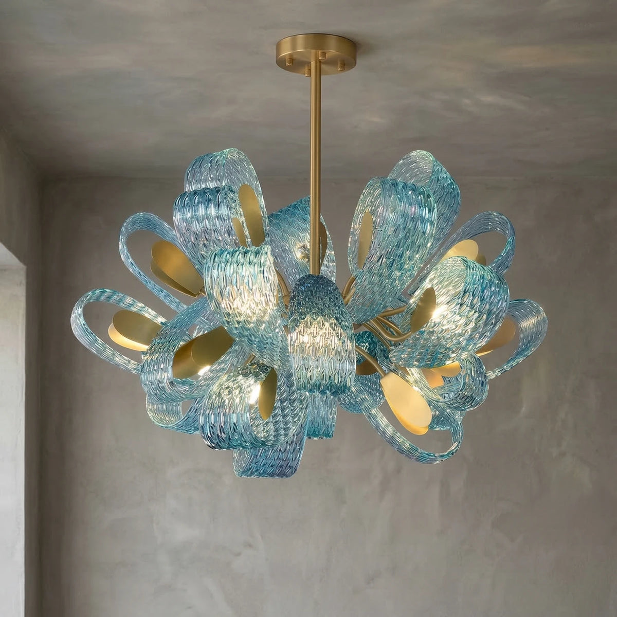 Peacock Blue Petal Art Glass Chandelier - Round 8 Light Illuminated Glow | HoaiLamp