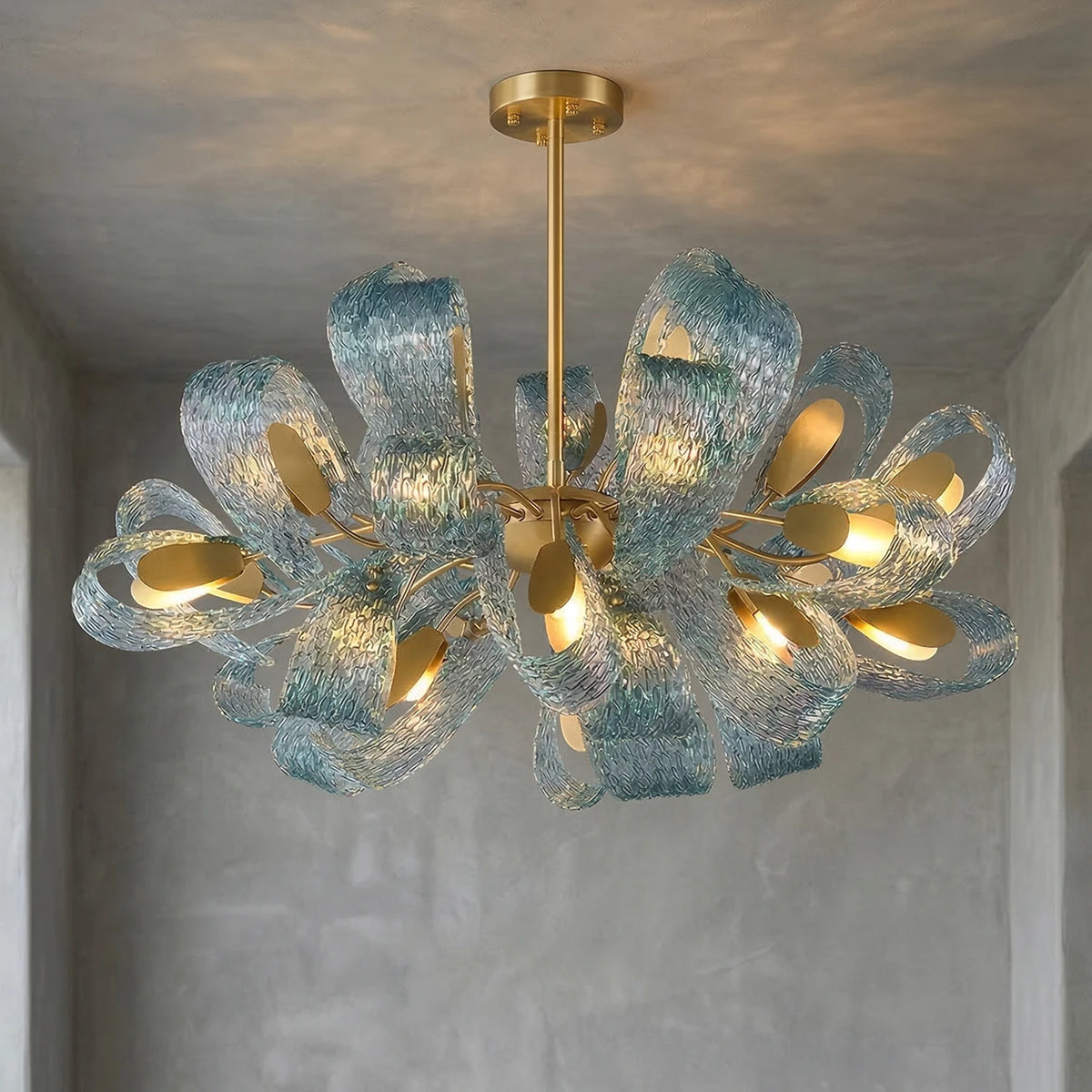 Peacock Blue Petal Art Glass Chandelier - Round 10 Light Illuminated Glow | HoaiLamp