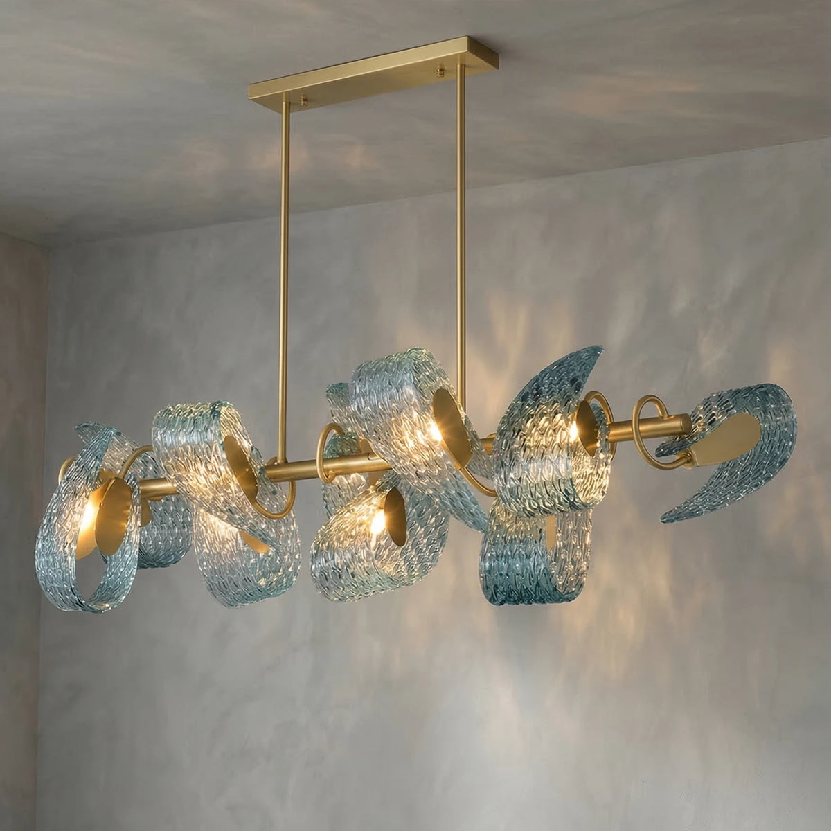 Peacock Blue Petal Art Glass Chandelier - Linear 6 Light Illuminated Glow | HoaiLamp