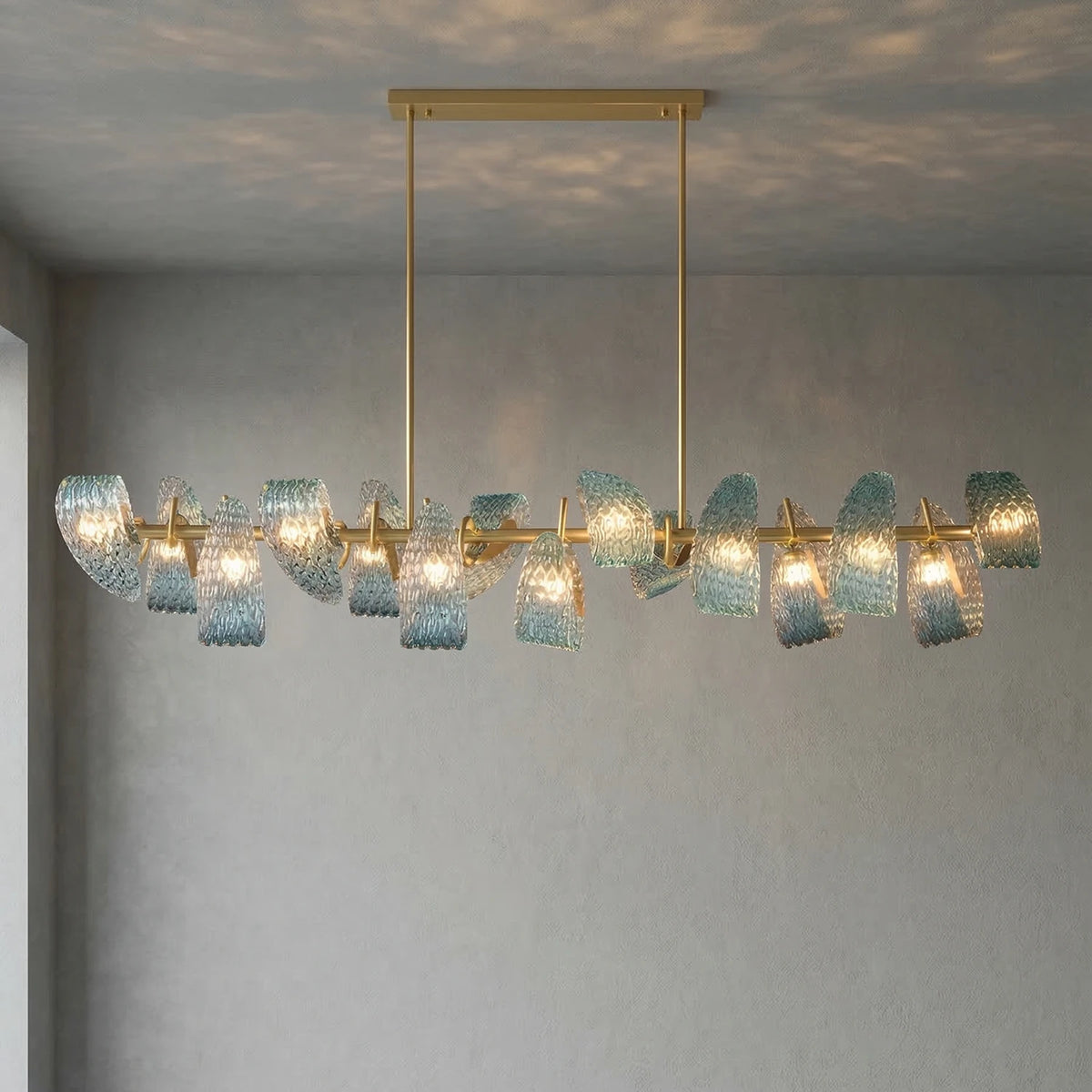 Peacock Blue Petal Art Glass Chandelier - Linear 10 Light Illuminated Glow | HoaiLamp