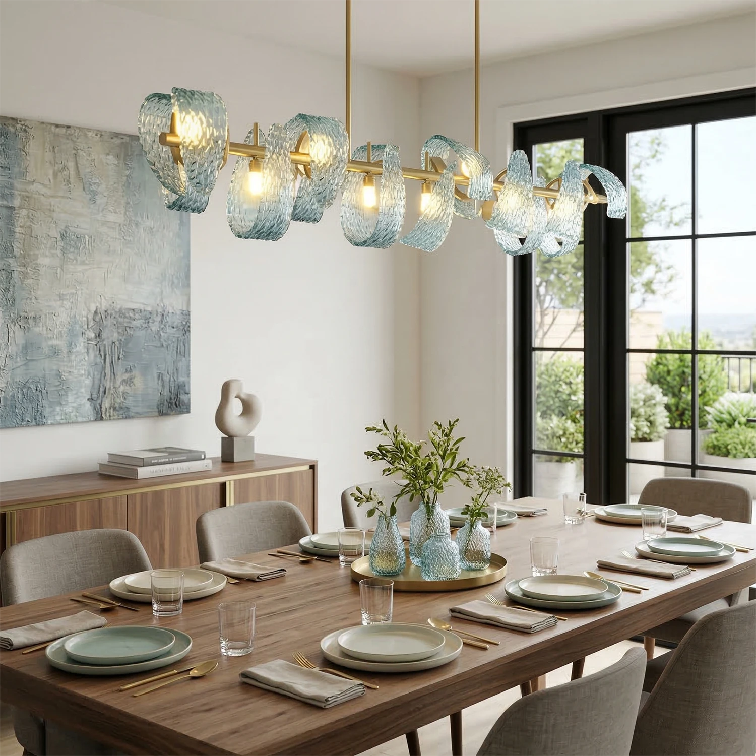Peacock Blue Petal Art Glass Chandelier - Modern Multi-Light Island Chandelier | HoaiLamp