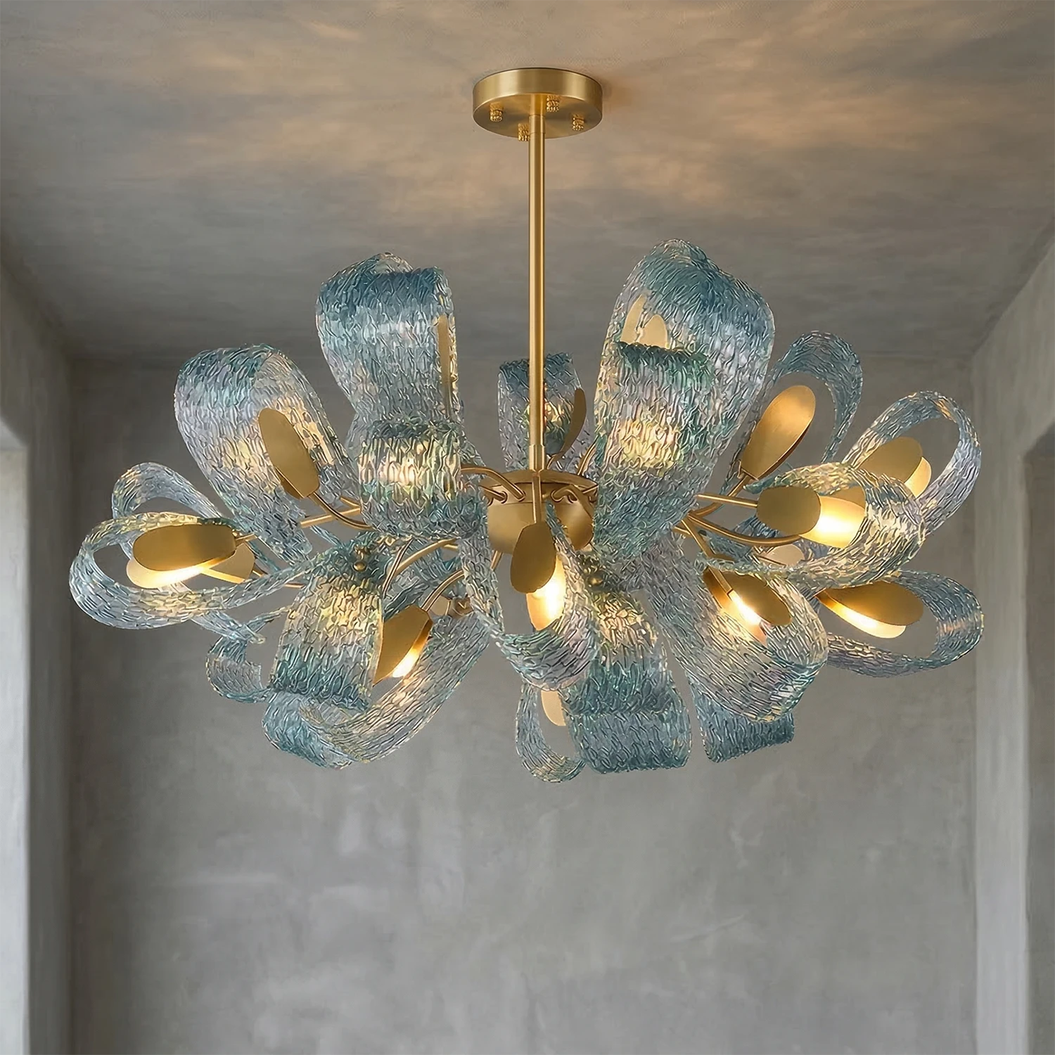 Peacock Blue Petal Art Glass Chandelier - Large Multi-Light Luxury Ceiling Statement | HoaiLamp