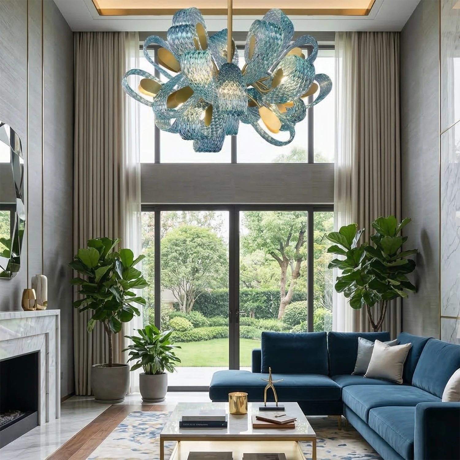Peacock Blue Petal Art Glass Chandelier - Grand High Ceiling Living Room centerpiece | HoaiLamp