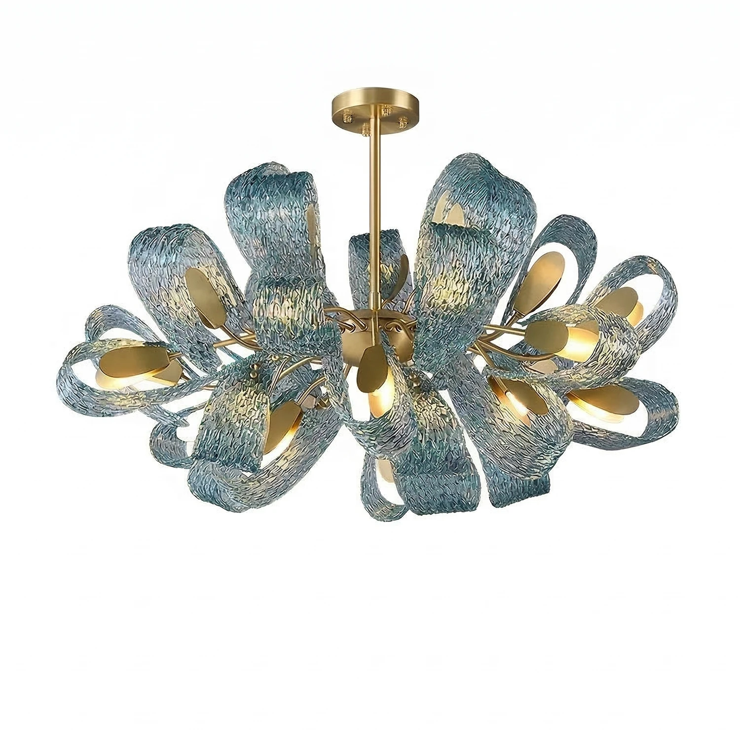 Peacock Blue Petal Art Glass Chandelier - Large Flush Mount Round Chandelier | HoaiLamp
