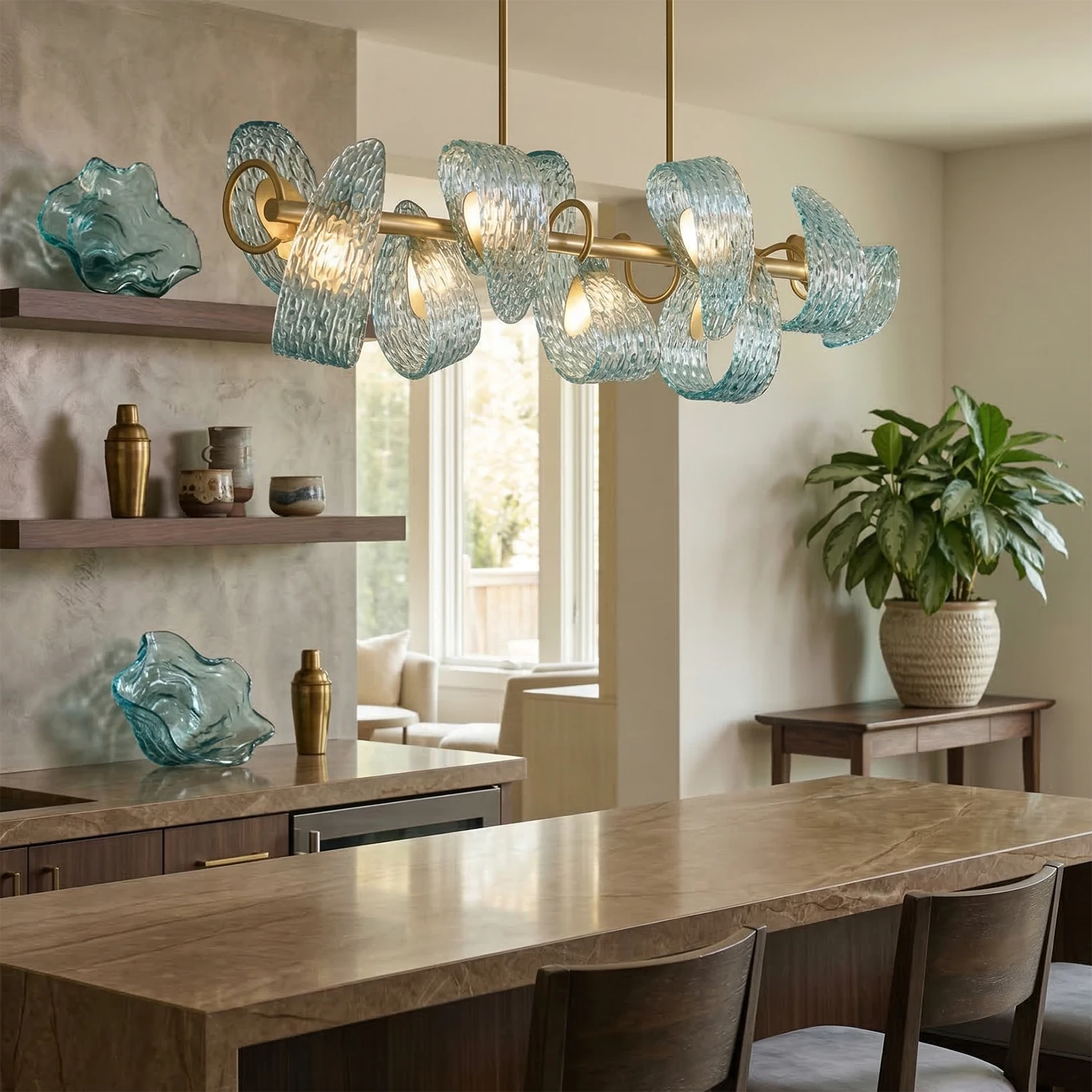 Peacock Blue Petal Art Glass Chandelier - Rustic Dining Room Linear Pendant | HoaiLamp