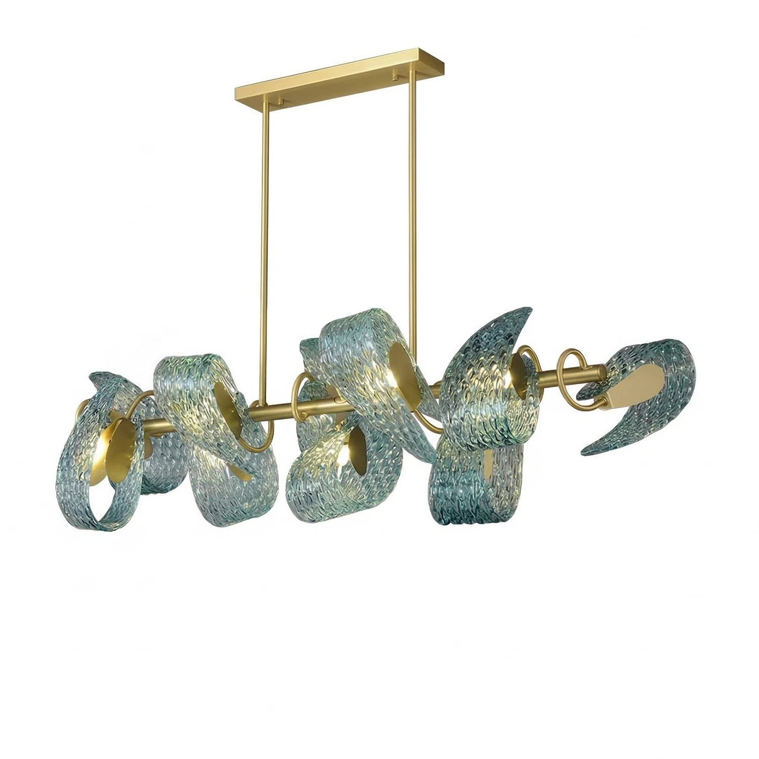 Peacock Blue Petal Art Glass Chandelier - Angular View Linear Island Pendant | HoaiLamp